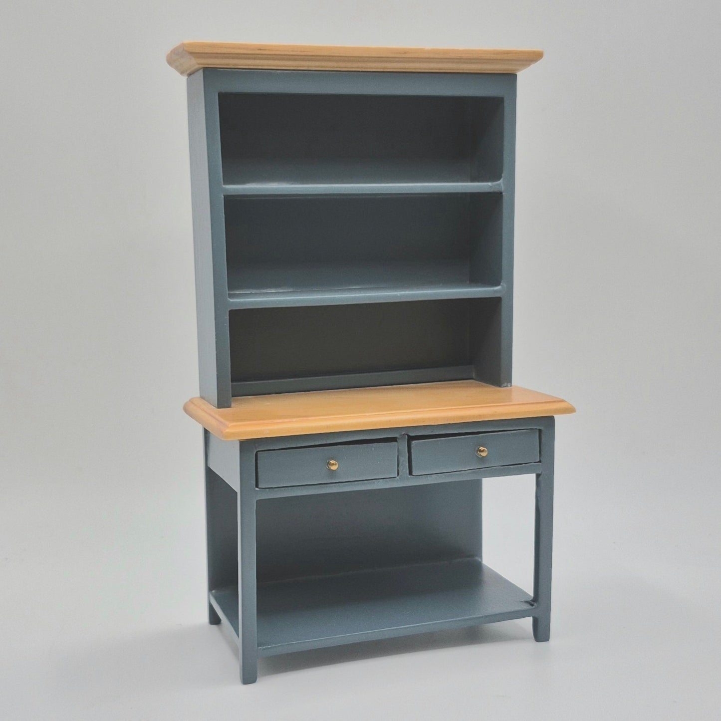 Blue and Oak Kitchen Hutch - 1/12 Scale Dollhouse Miniature