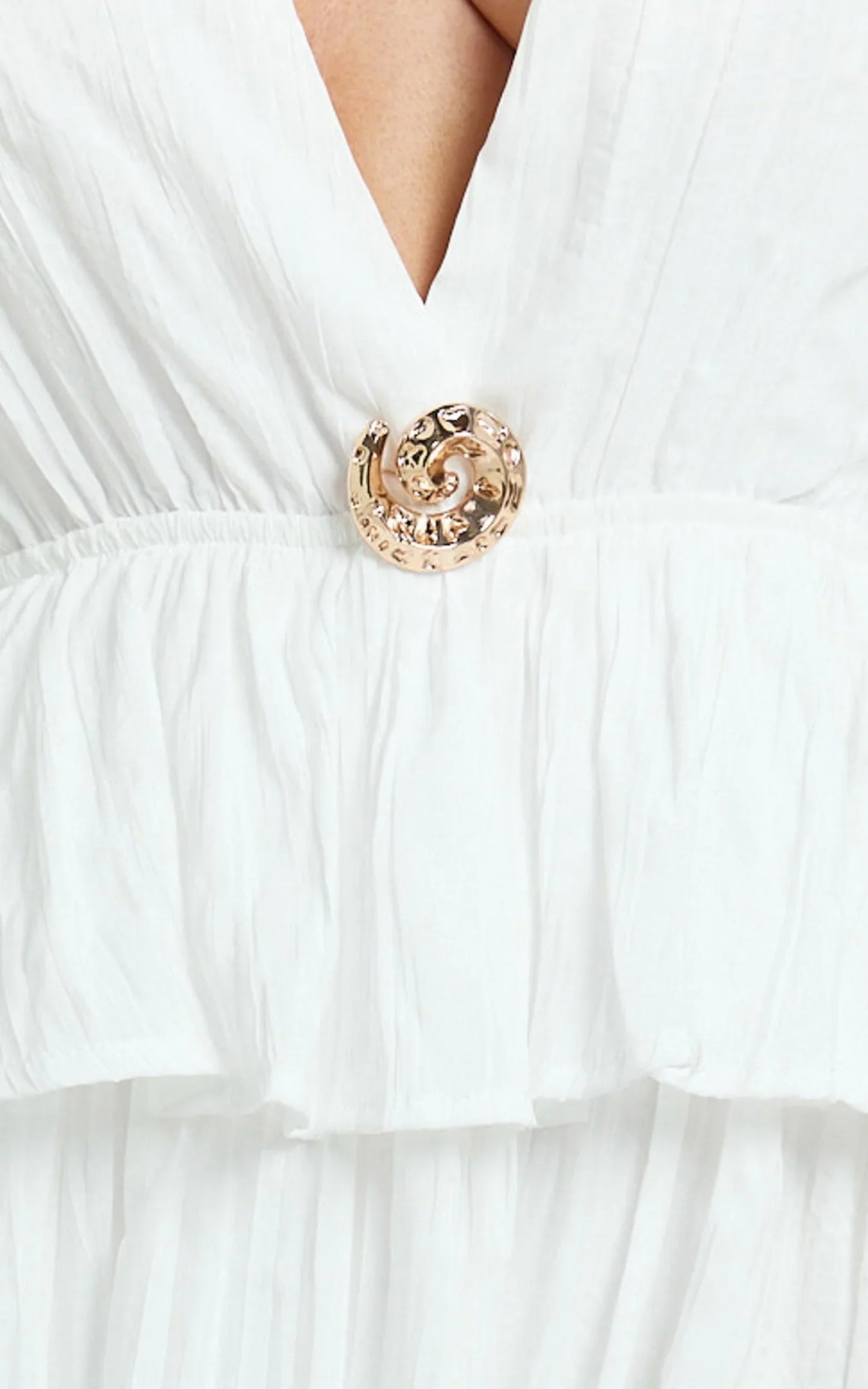 Heidi Maxi Dress - Deep V Plunge Halter Neck Brooch Detail Split Skirt Dress in White