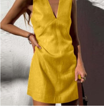 ๐ฟ V-Neck Cotton & Linen Sleeveless Mini Dress