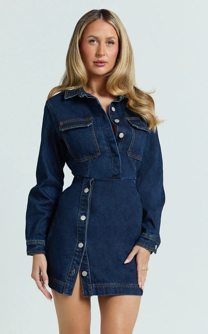Ainsley Mini Dress - Button Through Long Sleeve Denim Dress in Dark Blue