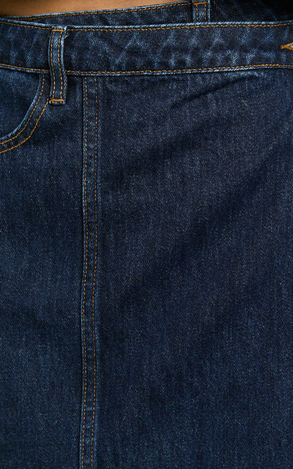 Katherine Mini Skirt - Cross Front Recycled Denim Skirt in Dark Blue Wash