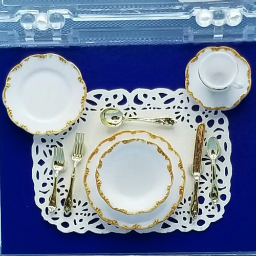 Single White Place Setting with Gold Trim - Plastic - 1/12 Scale Miniature