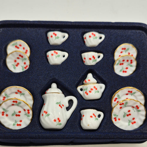 Ceramic Red Flowers Tea Set - 17 Pieces - 1/12 Scale Dollhouse Miniature