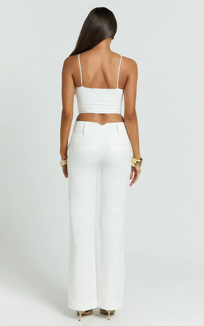 Elliot Pants - Mid Rise Pinstripe Bootleg Pants in Cream Plain