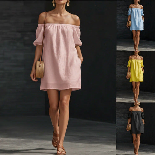 Women's Cotton-Linen Off-Shoulder Puff-Sleeve Loose Mini Dress