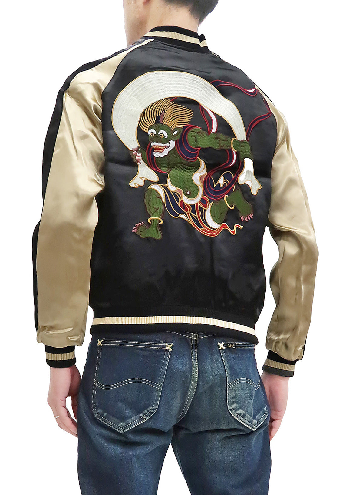 Japanesque Sukajan Men's Japanese Souvenir Jacket Fujin Embroidery 3RSJ-020 Black