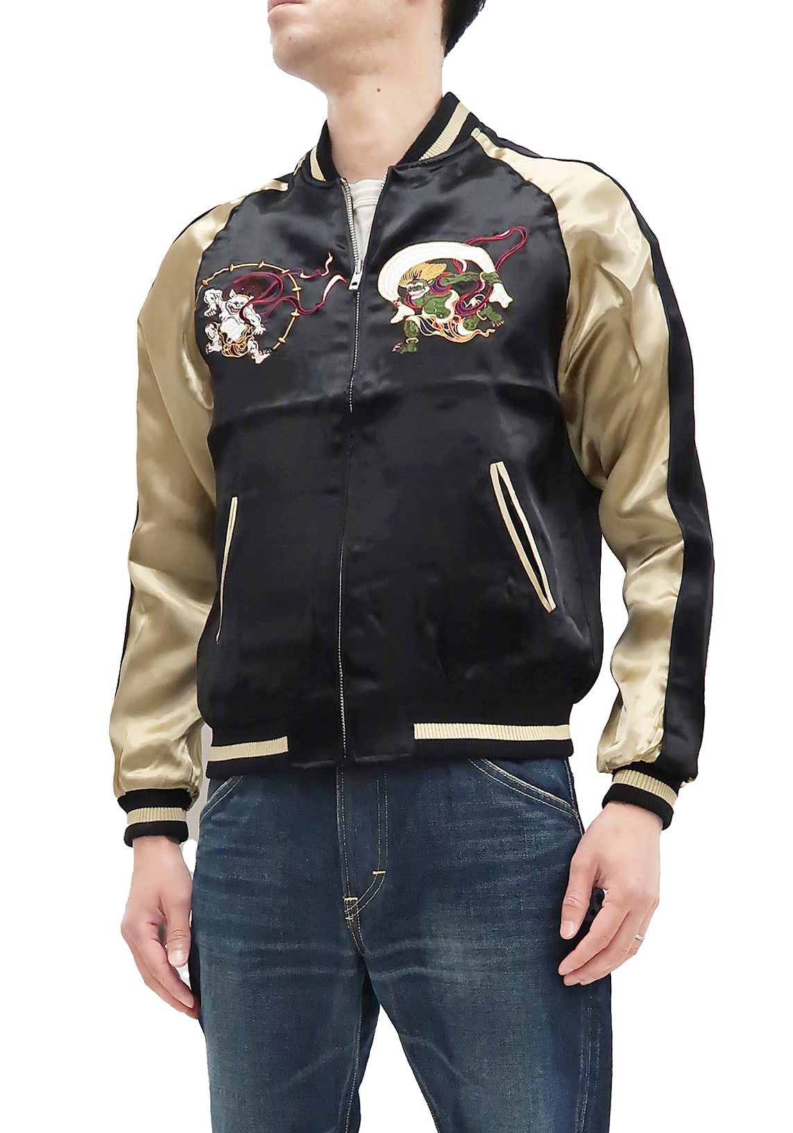 Japanesque Sukajan Men's Japanese Souvenir Jacket Fujin Embroidery 3RSJ-020 Black