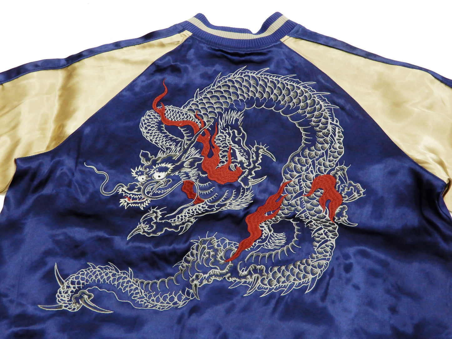 Japanesque Men's Japanese Souvenir Jacket Dragon Sukajan 3RSJ-024 Navy-Blue/Beige