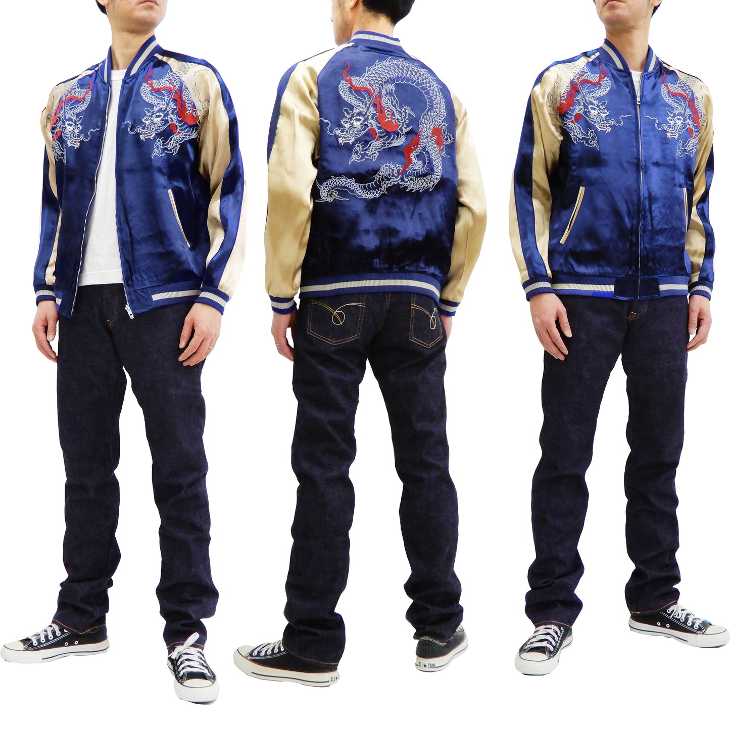Japanesque Men's Japanese Souvenir Jacket Dragon Sukajan 3RSJ-024 Navy-Blue/Beige