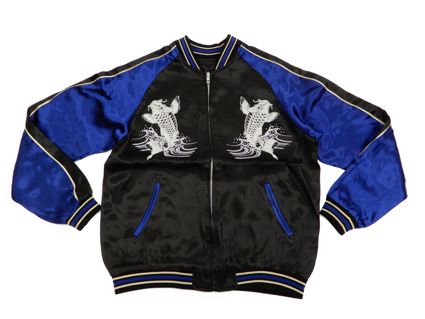 Japanesque Men's Japanese Souvenir Jacket Koi Fish Sukajan 3RSJ-047 Black/Navy-Blue