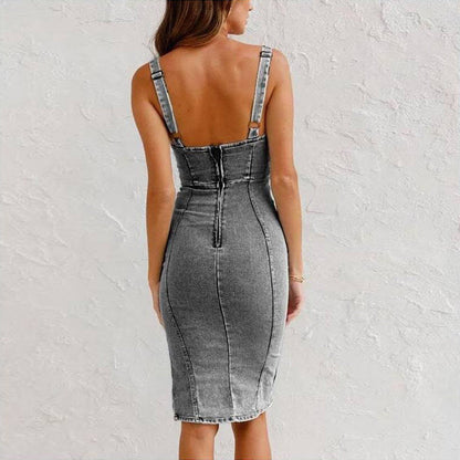 U-neck Suspender Denim Jean Dress Women