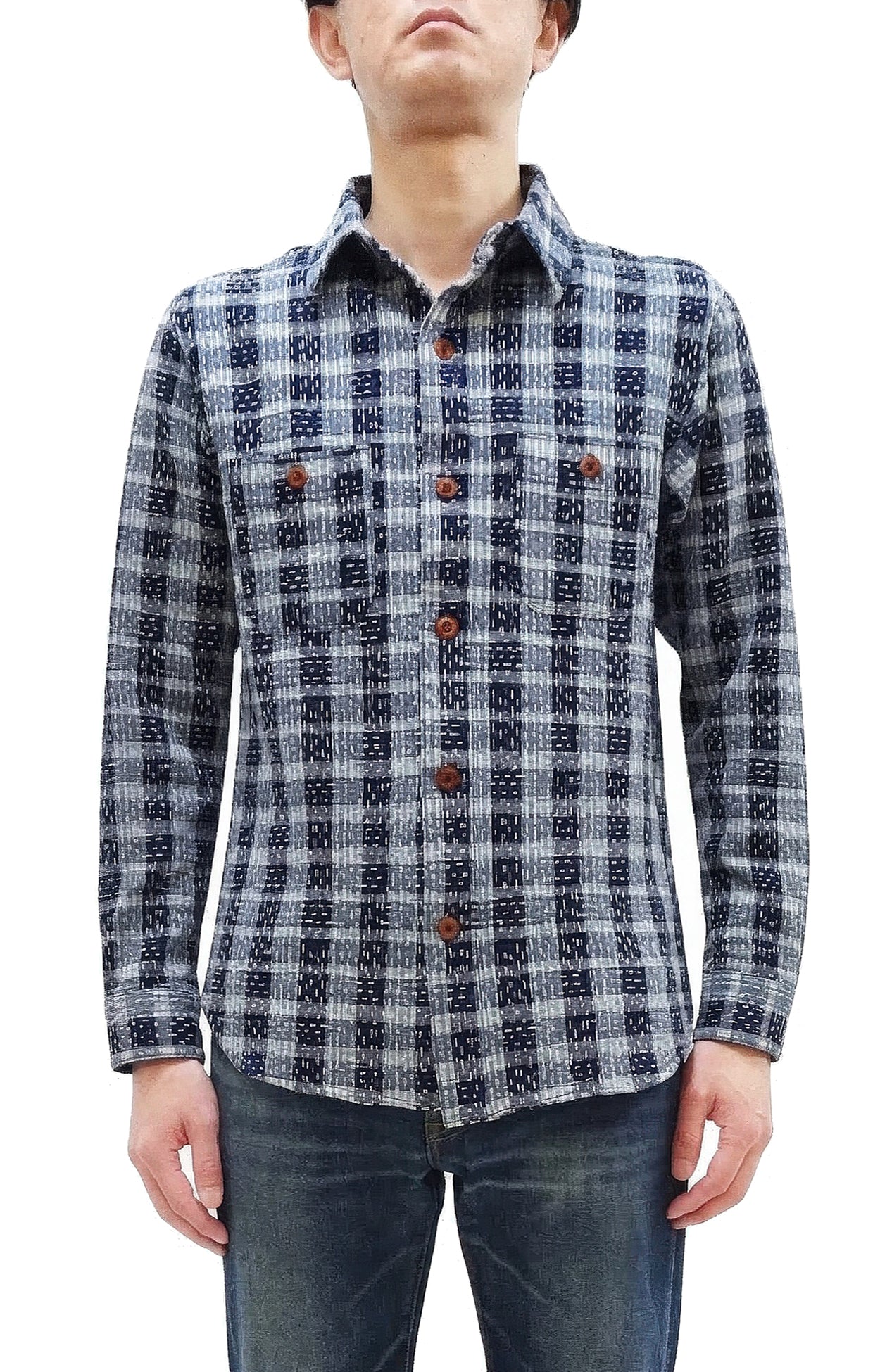 Studio D'Artisan Men's Indigo Plaid Long Sleeve Work Shirt Noragi Boro Sashiko Inspired Made in Japan (SDA 5737)