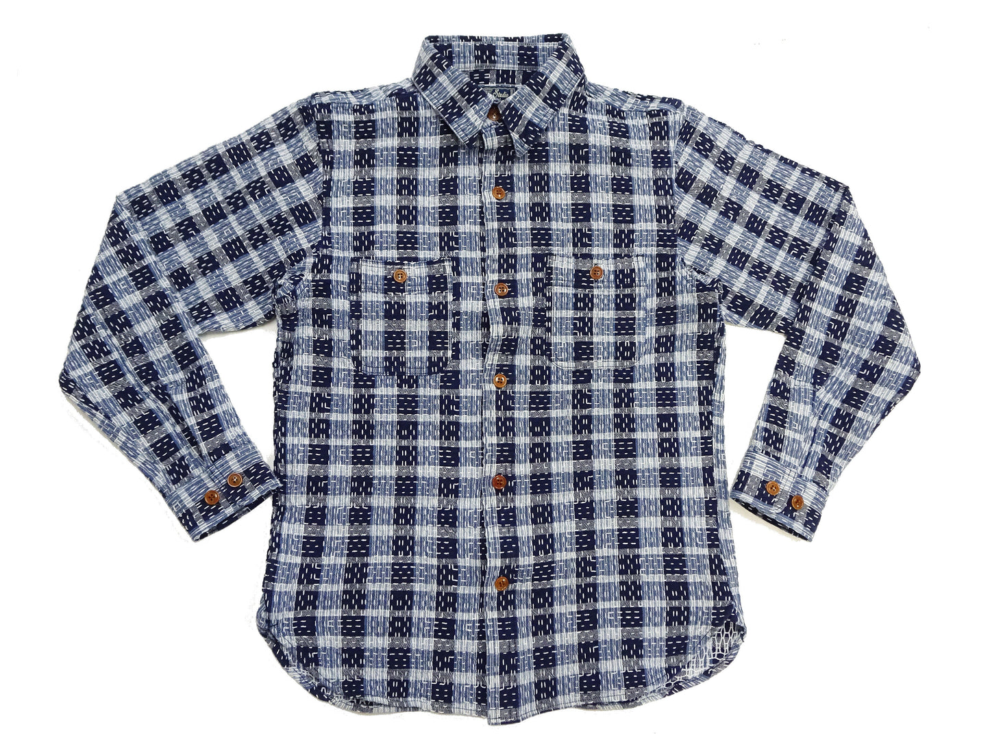 Studio D'Artisan Men's Indigo Plaid Long Sleeve Work Shirt Noragi Boro Sashiko Inspired Made in Japan (SDA 5737)