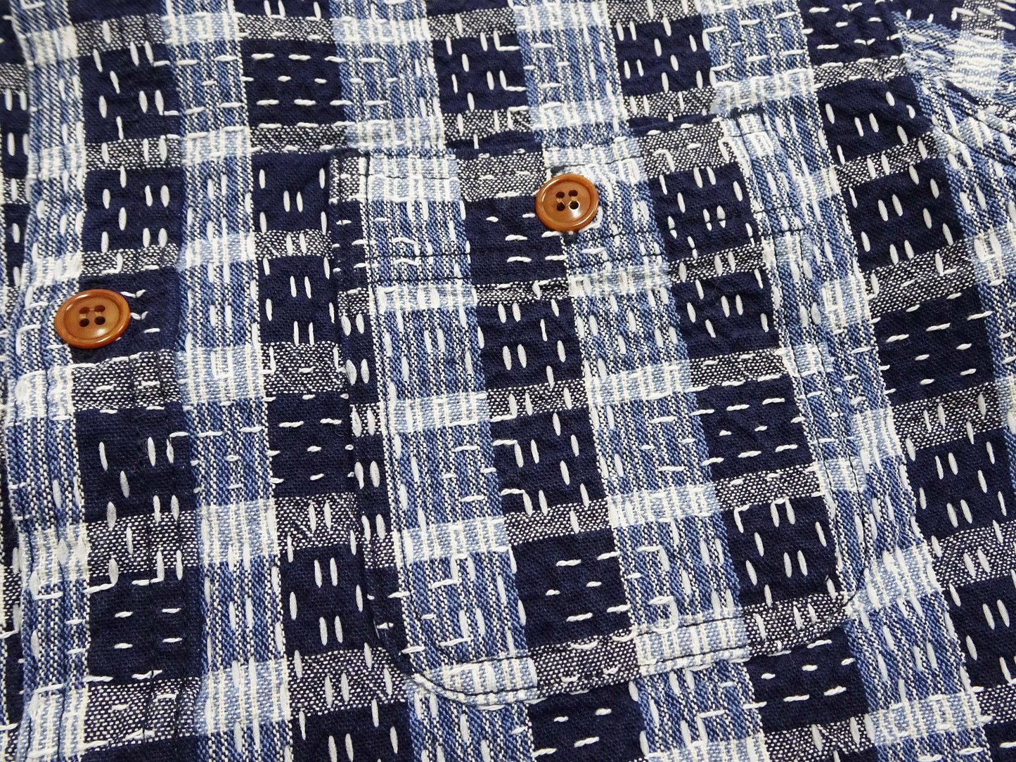 Studio D'Artisan Men's Indigo Plaid Long Sleeve Work Shirt Noragi Boro Sashiko Inspired Made in Japan (SDA 5737)