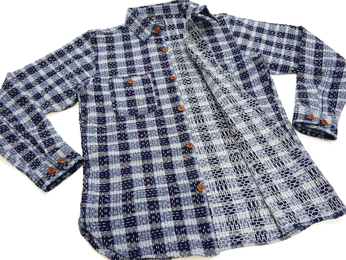 Studio D'Artisan Men's Indigo Plaid Long Sleeve Work Shirt Noragi Boro Sashiko Inspired Made in Japan (SDA 5737)