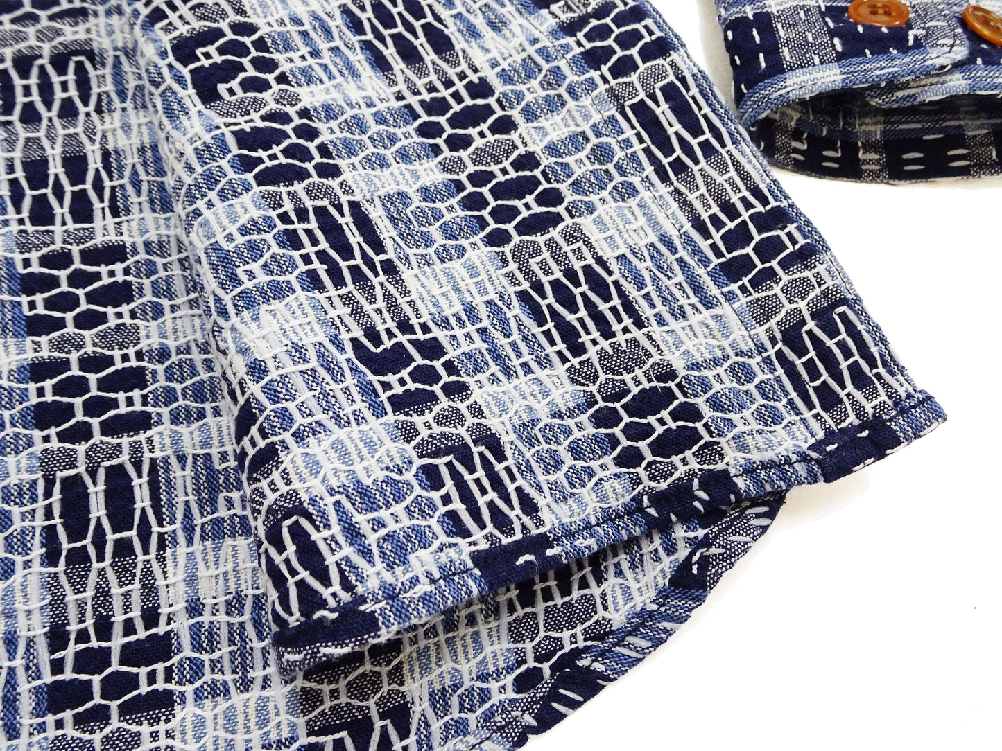 Studio D'Artisan Men's Indigo Plaid Long Sleeve Work Shirt Noragi Boro Sashiko Inspired Made in Japan (SDA 5737)