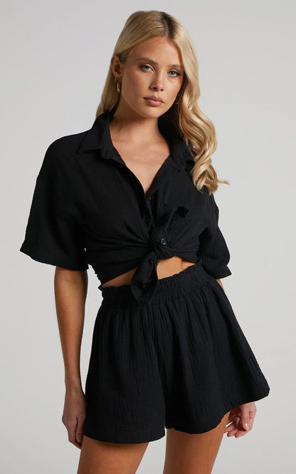 Donita Shorts - Elastic Waist Shorts in Black