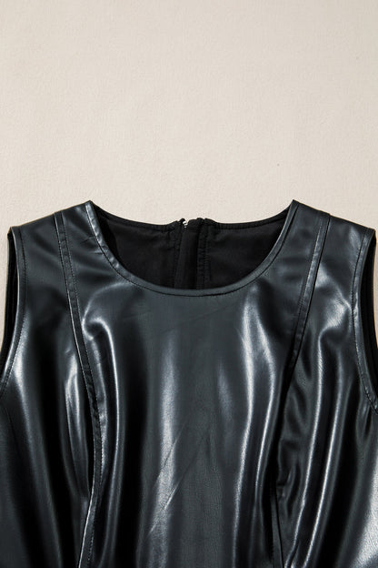 Black Faux Leather Ruffle Hem Sleeveless Mini Dress