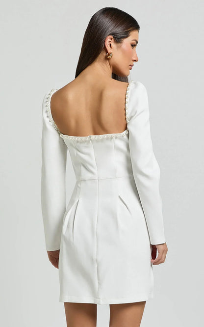 Edelyn Mini Dress - Square Neck Long Sleeve A Line Dress in White