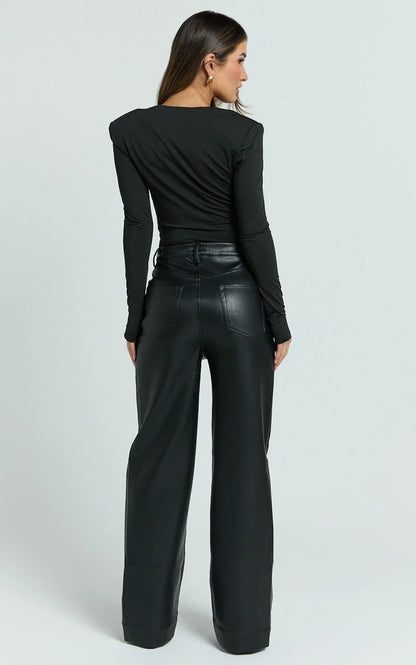 Ella Pants - High Waist Faux Leather Wide Leg Pants in Black