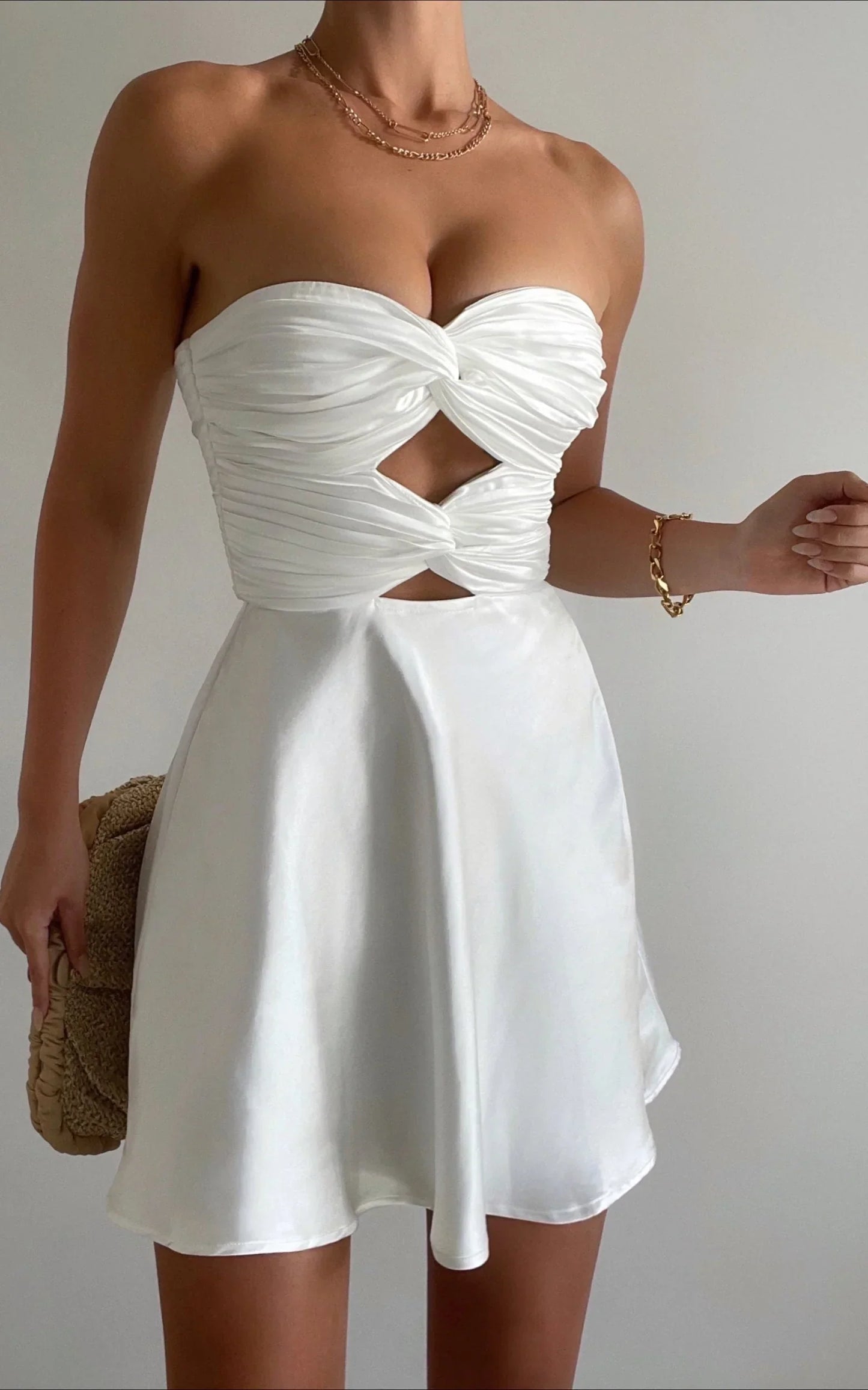 Almaeh Mini Dress - Twist Front Cut Out Strapless Slip Dress in White