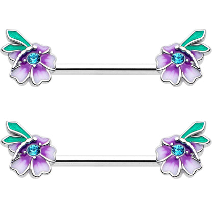 14G 9/16 Blue Gem Faerie Flower Purple Barbell Nipple Ring Set