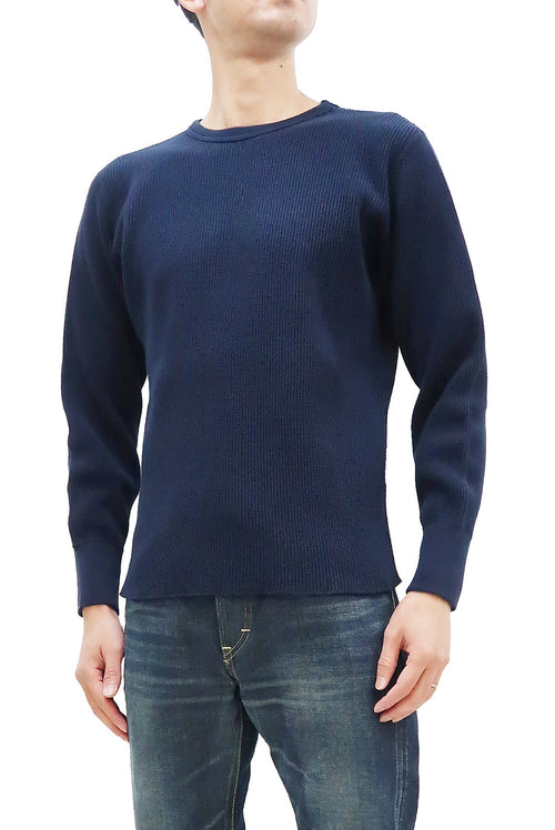 Studio D'Artisan Men's Heavyweight Waffle Knit Thermal Long Sleeve T-Shirt - 100% Cotton, Crew Neck, Ribbed Cuffs, Raw-edge hem, Made in Japan (SDA 9936) Navy-Blue