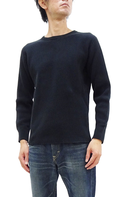 Studio D'Artisan Men's Heavyweight Waffle Knit Thermal Long Sleeve T-Shirt - 100% Cotton, Crew Neck, Ribbed Cuffs, Raw-edge hem, Made in Japan (SDA 9936) Black