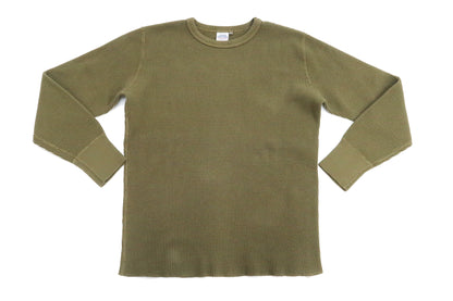 Studio D'Artisan Men's Heavyweight Waffle Knit Thermal Long Sleeve T-Shirt - 100% Cotton, Crew Neck, Ribbed Cuffs, Raw-edge hem, Made in Japan (SDA 9936) Khaki