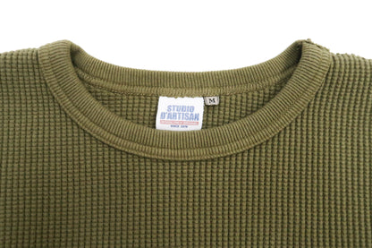 Studio D'Artisan Men's Heavyweight Waffle Knit Thermal Long Sleeve T-Shirt - 100% Cotton, Crew Neck, Ribbed Cuffs, Raw-edge hem, Made in Japan (SDA 9936) Khaki