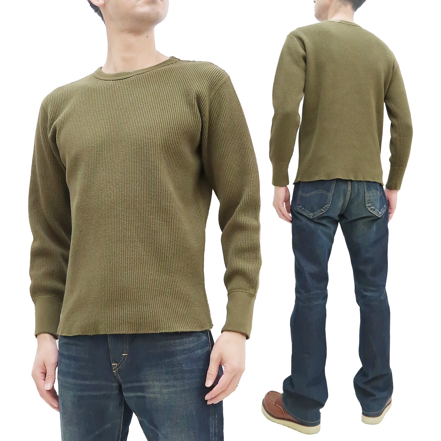 Studio D'Artisan Men's Heavyweight Waffle Knit Thermal Long Sleeve T-Shirt - 100% Cotton, Crew Neck, Ribbed Cuffs, Raw-edge hem, Made in Japan (SDA 9936) Khaki