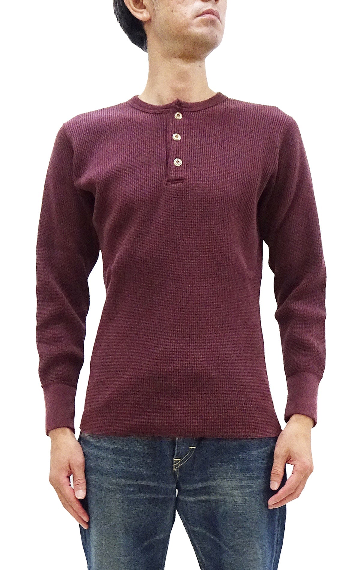 Studio D'Artisan Men's Heavyweight Waffle Knit Thermal Henley Long Sleeve T-Shirt - 100% Cotton, Ribbed Crew Neck Band, Ribbed Cuffs, Raw-edge hem, Made in Japan (SDA 9937) Burgundy