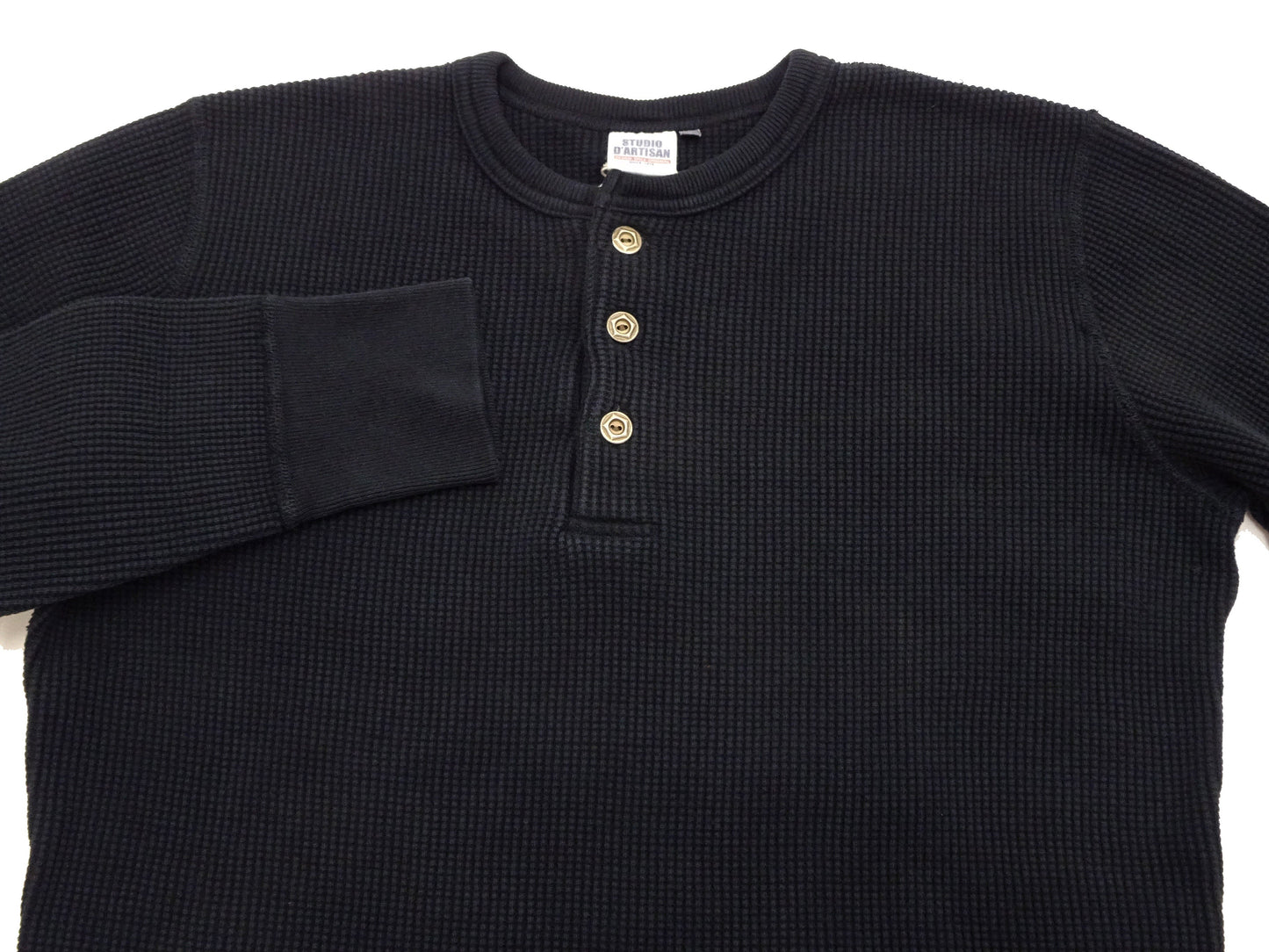 Studio D'Artisan Men's Heavyweight Waffle Knit Thermal Henley Long Sleeve T-Shirt - 100% Cotton, Ribbed Crew Neck Band, Ribbed Cuffs, Raw-edge hem, Made in Japan (SDA 9937) Black