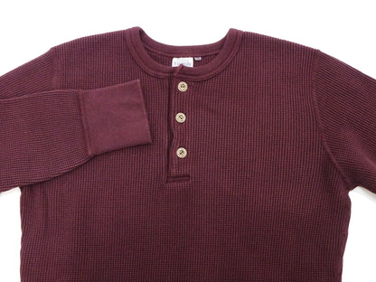 Studio D'Artisan Men's Heavyweight Waffle Knit Thermal Henley Long Sleeve T-Shirt - 100% Cotton, Ribbed Crew Neck Band, Ribbed Cuffs, Raw-edge hem, Made in Japan (SDA 9937) Burgundy