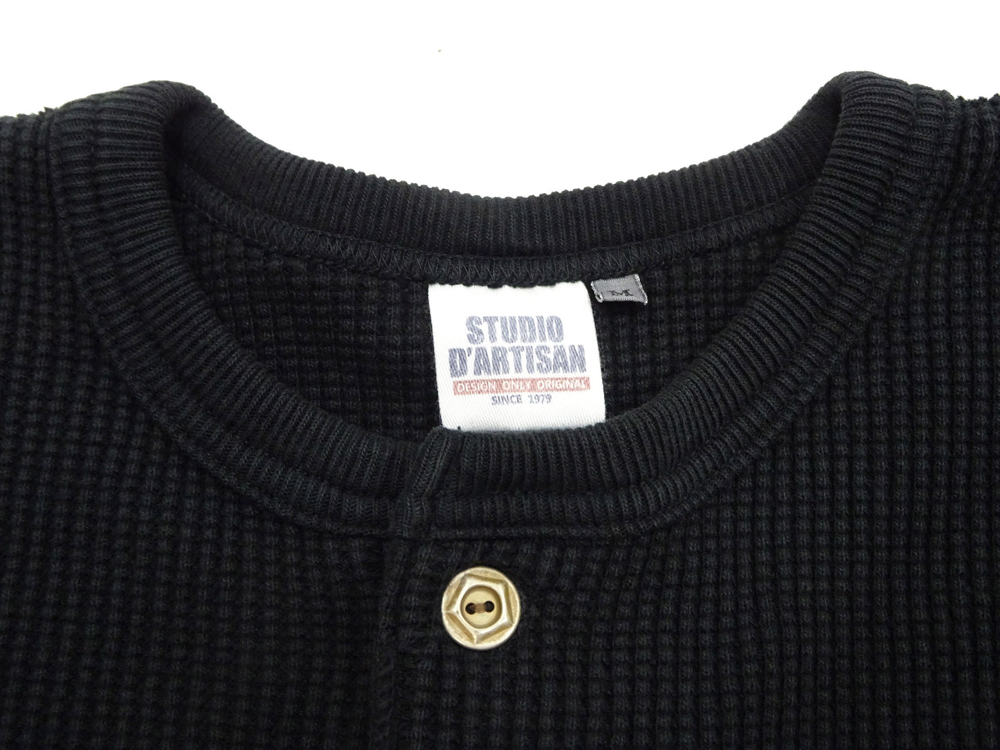 Studio D'Artisan Men's Heavyweight Waffle Knit Thermal Henley Long Sleeve T-Shirt - 100% Cotton, Ribbed Crew Neck Band, Ribbed Cuffs, Raw-edge hem, Made in Japan (SDA 9937) Black