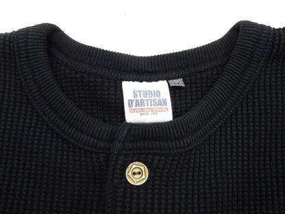 Studio D'Artisan Men's Heavyweight Waffle Knit Thermal Henley Long Sleeve T-Shirt - 100% Cotton, Ribbed Crew Neck Band, Ribbed Cuffs, Raw-edge hem, Made in Japan (SDA 9937) Black