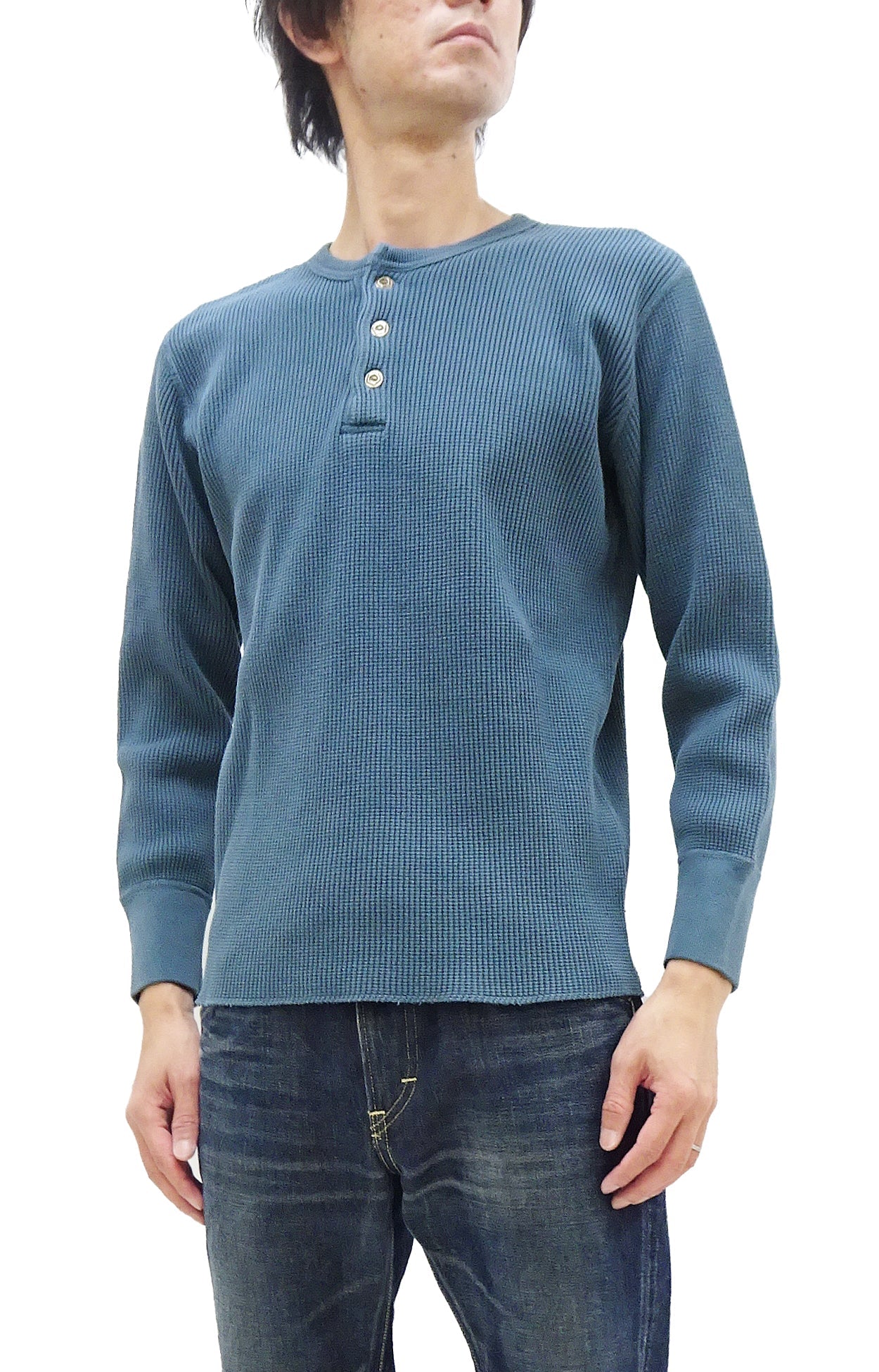 Studio D'Artisan Men's Heavyweight Waffle Knit Thermal Henley Long Sleeve T-Shirt - 100% Cotton, Ribbed Crew Neck Band, Ribbed Cuffs, Raw-edge hem, Made in Japan (SDA 9937) Faded-Blue