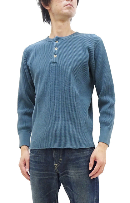 Studio D'Artisan Men's Heavyweight Waffle Knit Thermal Henley Long Sleeve T-Shirt - 100% Cotton, Ribbed Crew Neck Band, Ribbed Cuffs, Raw-edge hem, Made in Japan (SDA 9937) Faded-Blue