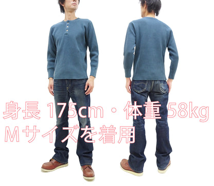 Studio D'Artisan Men's Heavyweight Waffle Knit Thermal Henley Long Sleeve T-Shirt - 100% Cotton, Ribbed Crew Neck Band, Ribbed Cuffs, Raw-edge hem, Made in Japan (SDA 9937) Faded-Blue