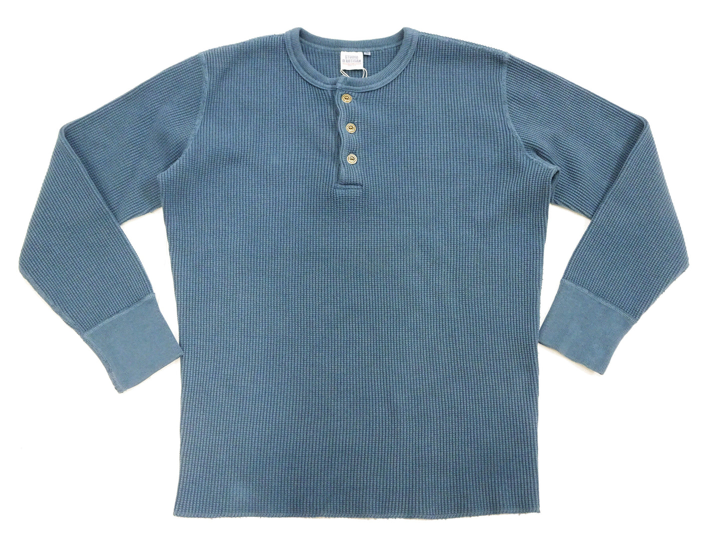 Studio D'Artisan Men's Heavyweight Waffle Knit Thermal Henley Long Sleeve T-Shirt - 100% Cotton, Ribbed Crew Neck Band, Ribbed Cuffs, Raw-edge hem, Made in Japan (SDA 9937) Faded-Blue