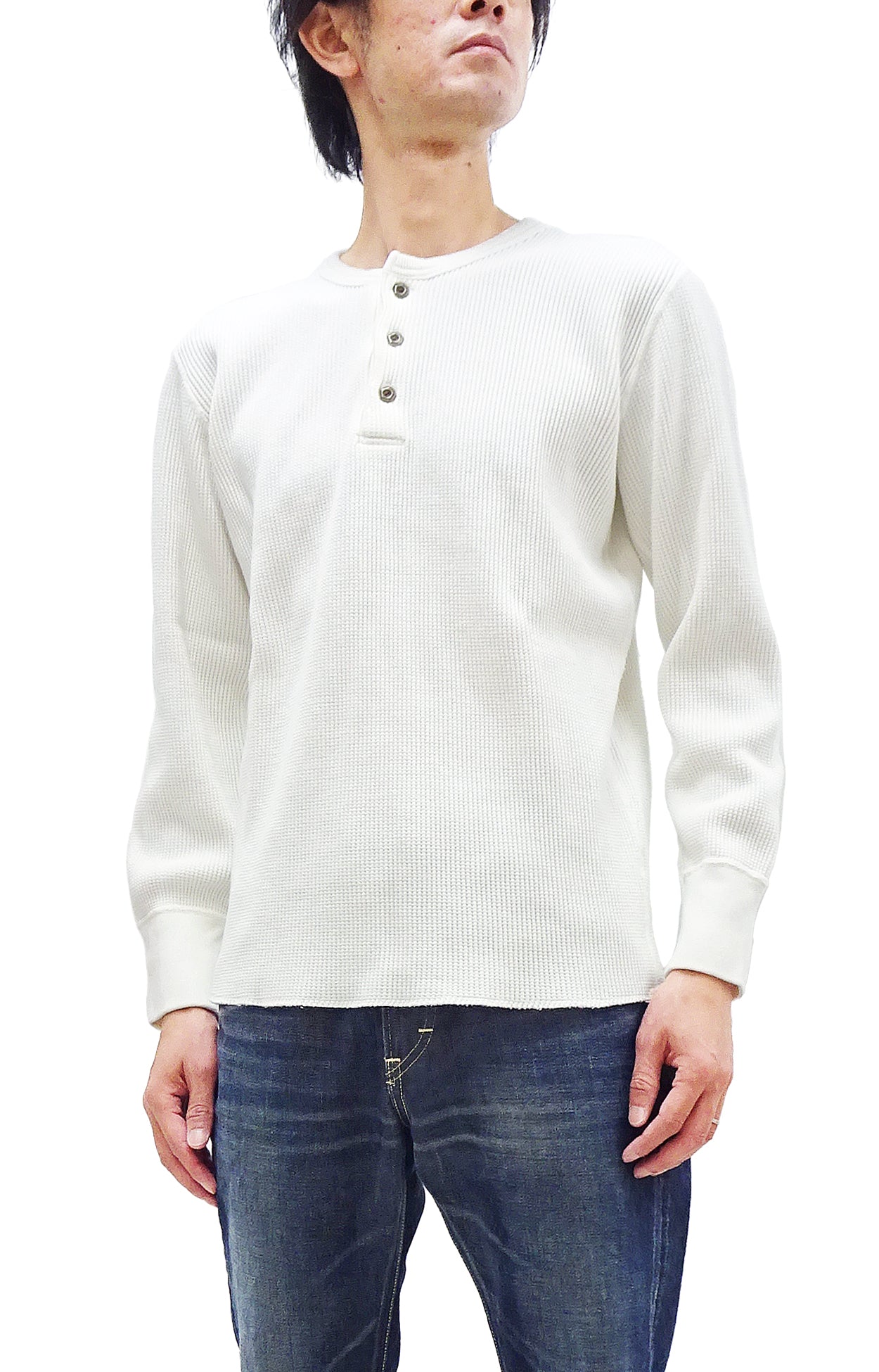 Studio D'Artisan Men's Heavyweight Waffle Knit Thermal Henley Long Sleeve T-Shirt - 100% Cotton, Ribbed Crew Neck Band, Ribbed Cuffs, Raw-edge hem, Made in Japan (SDA 9937) White