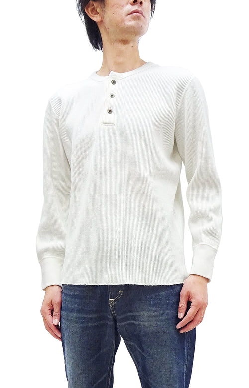 Studio D'Artisan Men's Heavyweight Waffle Knit Thermal Henley Long Sleeve T-Shirt - 100% Cotton, Ribbed Crew Neck Band, Ribbed Cuffs, Raw-edge hem, Made in Japan (SDA 9937) White