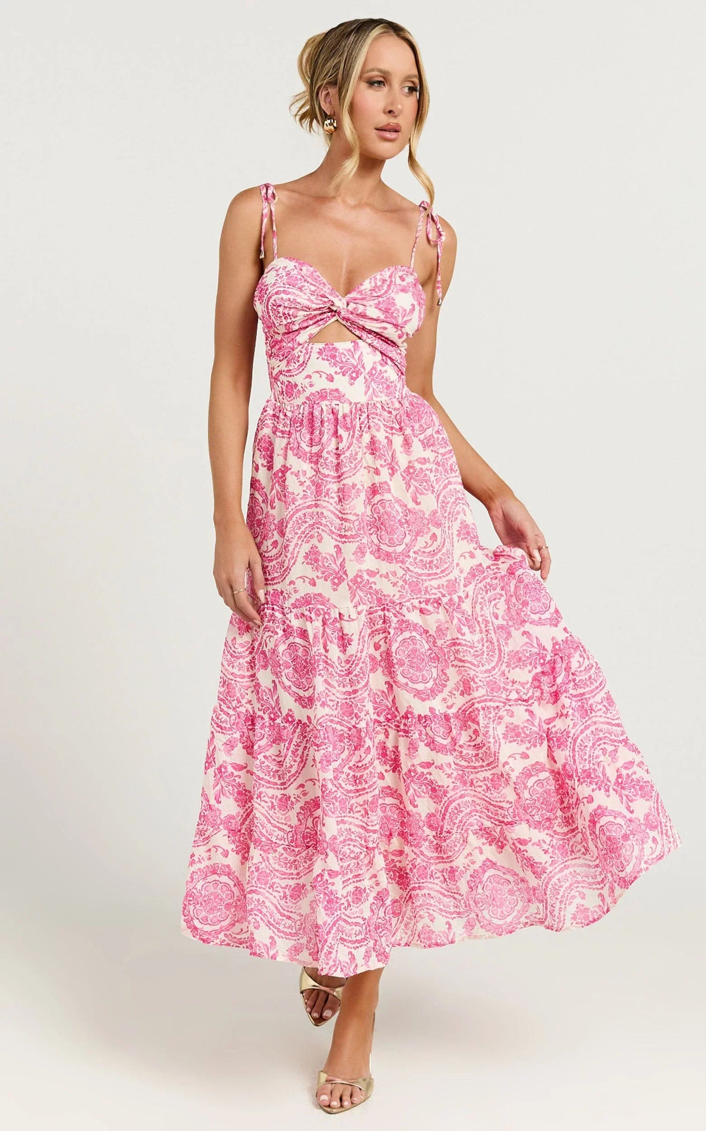Esmeralda Midi Dress - Strappy Cut Out Tiered Dress in Pink Floral
