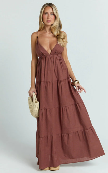 Eugene Maxi Dress - Beaded Strap Tiered Maxi Dress in Brown