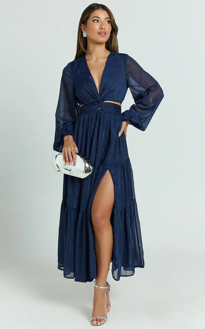 Edelyn Midi Dress - Cut Out Balloon Sleeve Tiered Dress in Navy