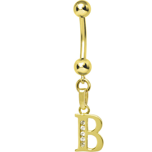 16G Solid 14k Yellow Gold CZ Initial B Belly Ring
