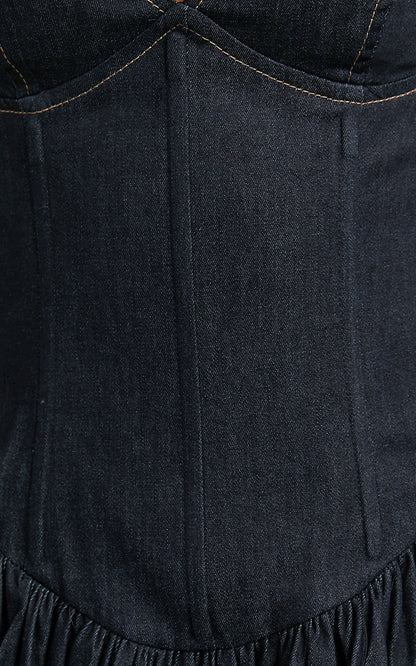 Betchie Mini Dress - Neck Strappy Drop Waist Gathered Skirt Denim Dress in Dark Raw Denim