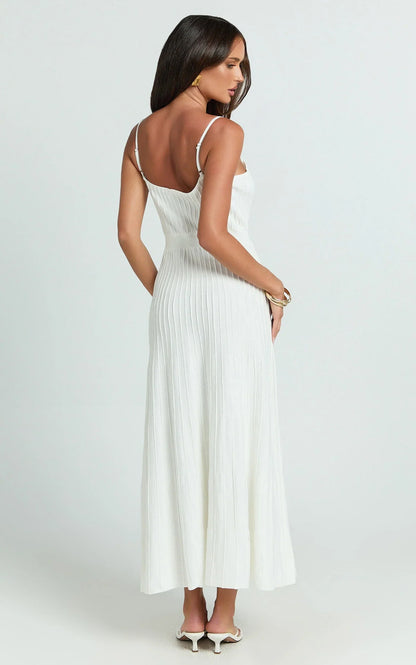Donissa Midi Dress - Panelled Knit Dress in White