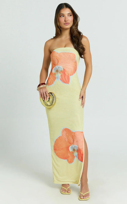 Aretta Maxi Dress - Strapless Fitted Placement Mesh Print Dress in Orchid Print