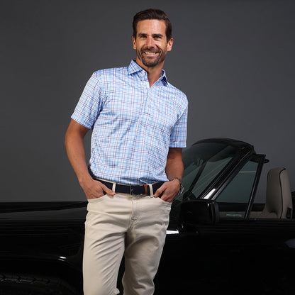 Semi-Spread Collar Polo Sea Island Blue and Purple Plaid